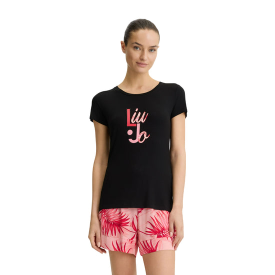 T-shirt Nera da Donna con logo palme e strass modella frontale