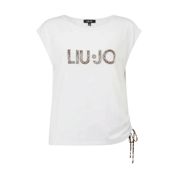 T-shirt Donna Bianca a girocollo, con coulisse laterale