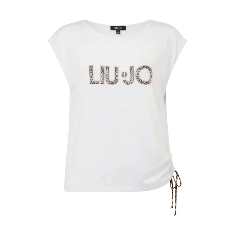 T-shirt Donna Bianca a girocollo, con coulisse laterale
