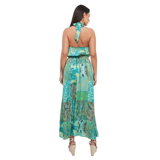 Abito lungo Donna in raso stampato Verde retro