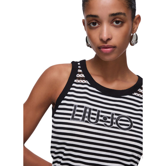 Top Donna scollo tondo, inserti in mesh e logo strass