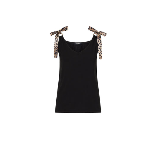 Top nero con fiocchi animalier e scollo a V