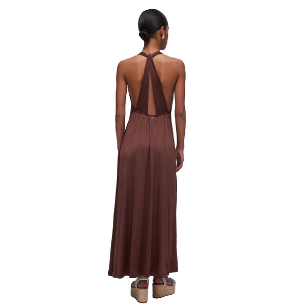 Abito lungo in jersey lucido Marrone modella retro