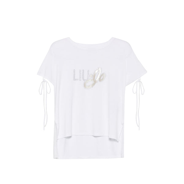 T-shirt Donna con scollo tondo, logo strass e fiocchi