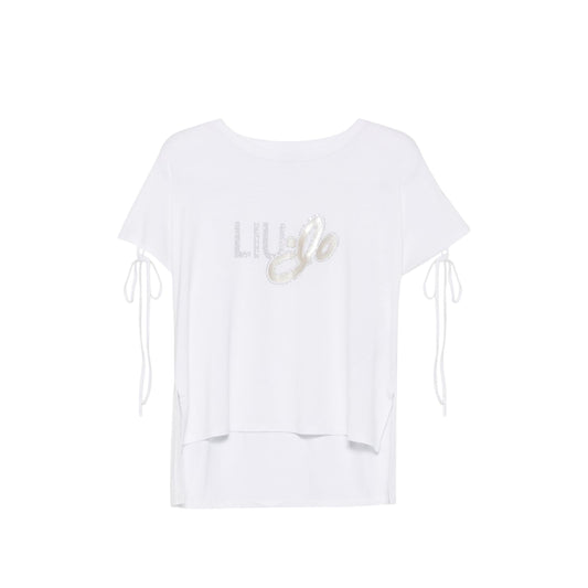 T-shirt Donna con scollo tondo, logo strass e fiocchi