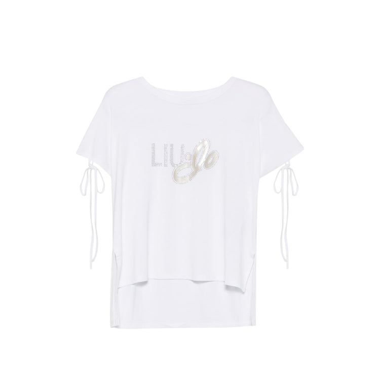 T-shirt Donna con scollo tondo, logo strass e fiocchi