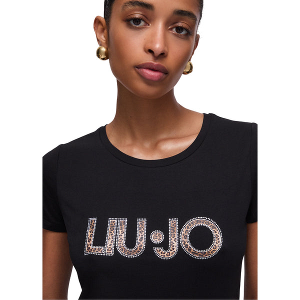 T-shirt nera Donna con logo animalier con strass dettaglio