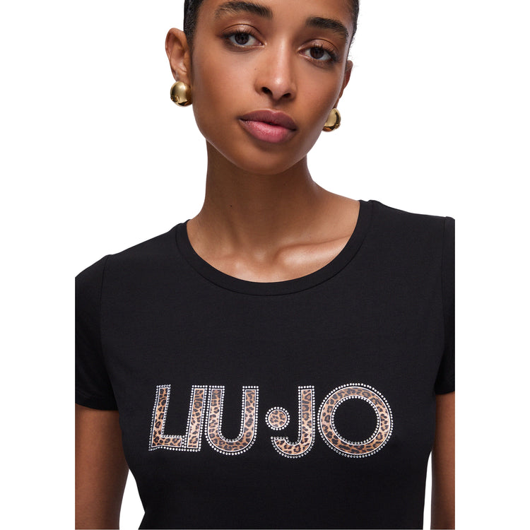 T-shirt nera Donna con logo animalier con strass dettaglio