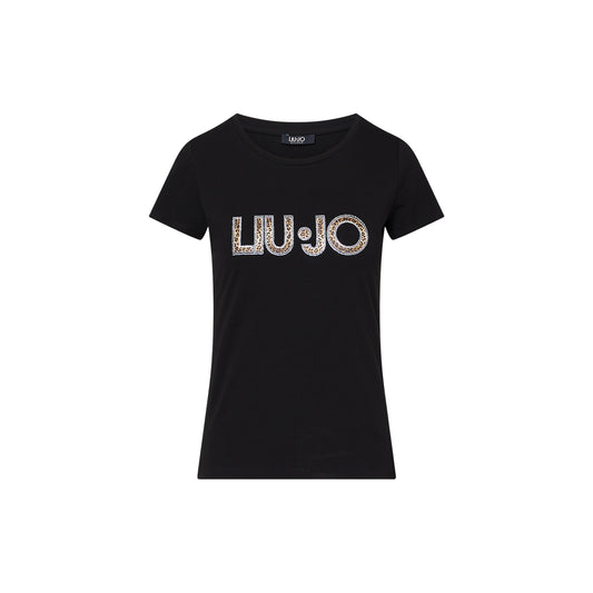 T-shirt nera Donna con logo animalier con strass