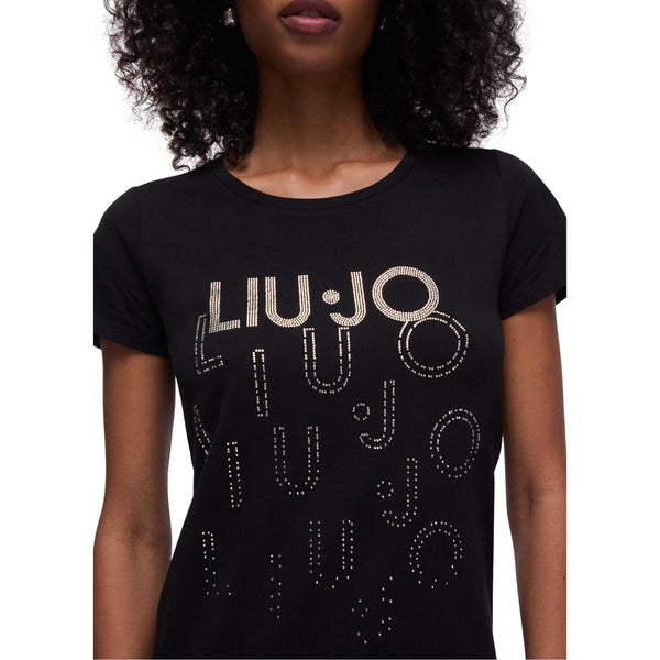 T-shirt nera Donna con loghi degradè con strass dettaglio