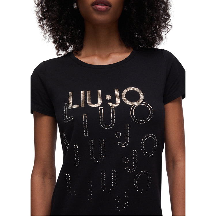 T-shirt nera Donna con loghi degradè con strass dettaglio