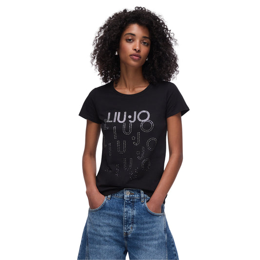 T-shirt nera Donna con loghi degradè con strass modella frontale
