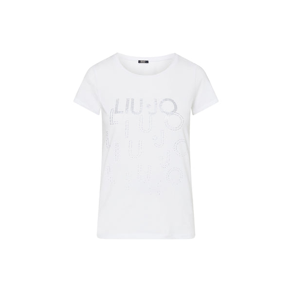 T-shirt bianca Donna con numerosi loghi con strass