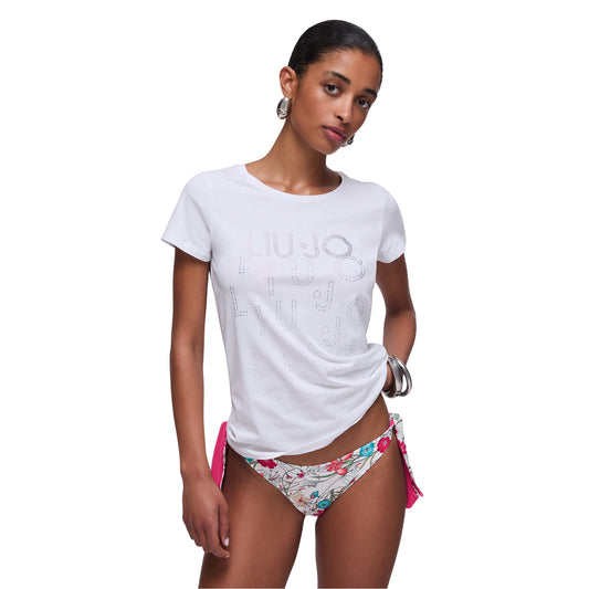 T-shirt bianca Donna con numerosi loghi con strass modella frontale