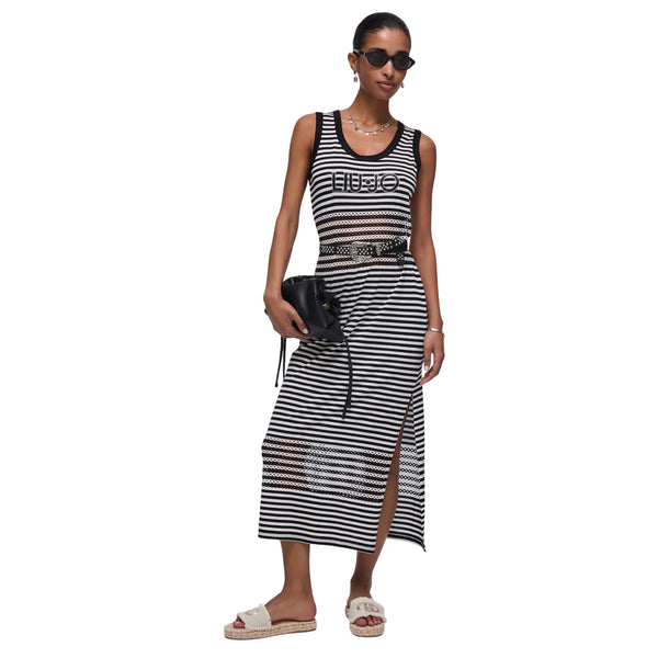 Abito Donna Nero a righe, con spacco e logo strass