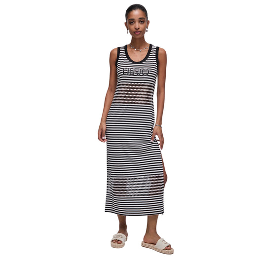 Abito Donna Nero a righe, con spacco e logo strass