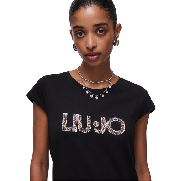 Abito corto in jersey a tinta unita nera con maxi logo 