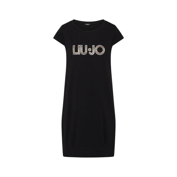 Abito corto in jersey a tinta unita nera con maxi logo 