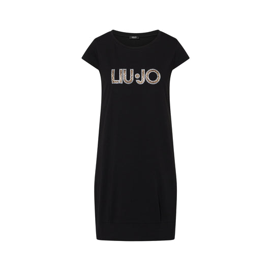Abito corto in jersey a tinta unita nera con maxi logo 