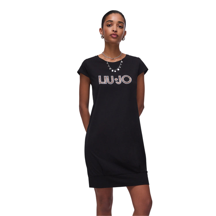 Abito corto in jersey a tinta unita nera con maxi logo 