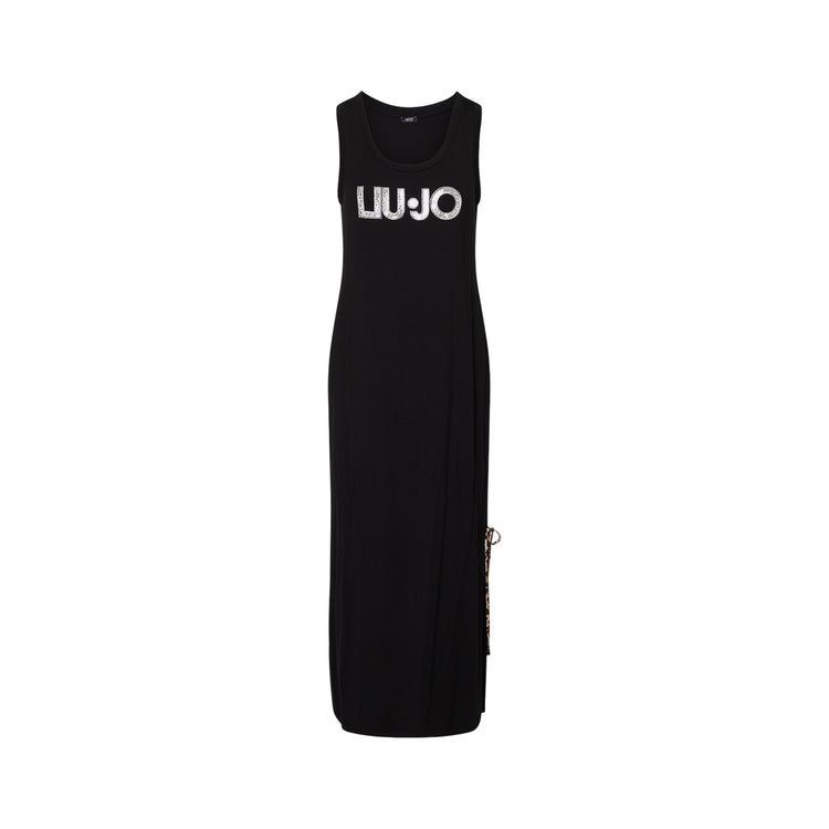 Abito lungo in jersey a tinta unita nera con maxi logo strass