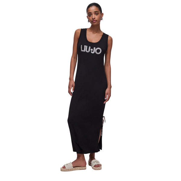 Abito lungo in jersey a tinta unita nera con maxi logo strass