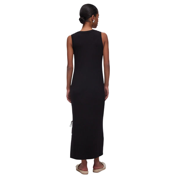 Abito lungo in jersey a tinta unita nera con maxi logo strass