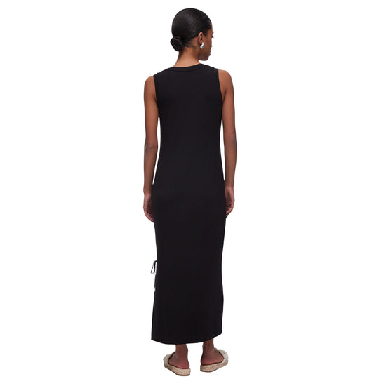 Abito lungo in jersey a tinta unita nera con maxi logo strass
