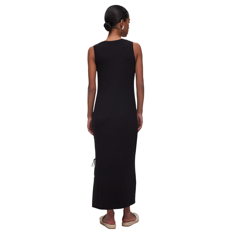 Abito lungo in jersey a tinta unita nera con maxi logo strass