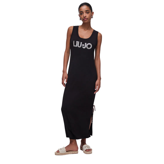 Abito lungo in jersey a tinta unita nera con maxi logo strass