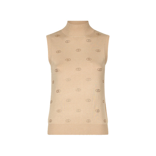 Top Donna in maglia beige con logo e strass