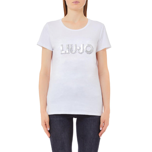 T-shirt Donna con logo frontale con strass Bianco modella frontale