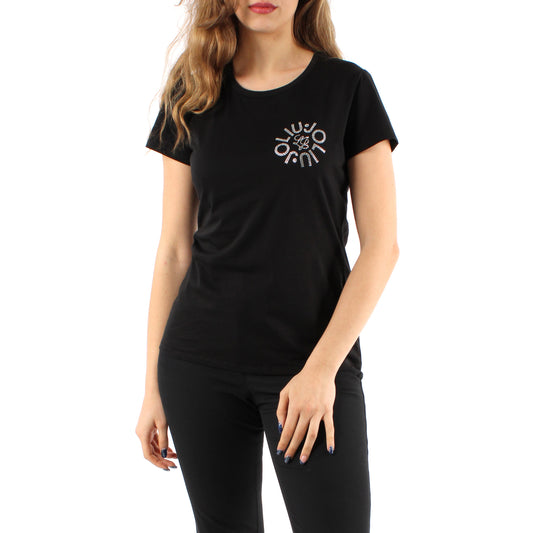 T-shirt Donna con logo e strass Nero modella frontale