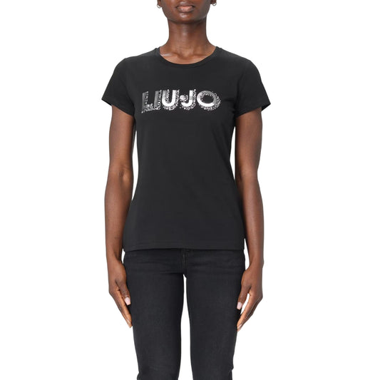 T-shirt Nera Donna con logo lineare strass modella frontale