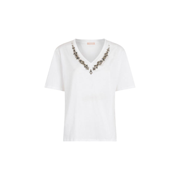 T-shirt bianca da donna con strass sullo scollo