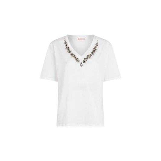 T-shirt bianca da donna con strass sullo scollo