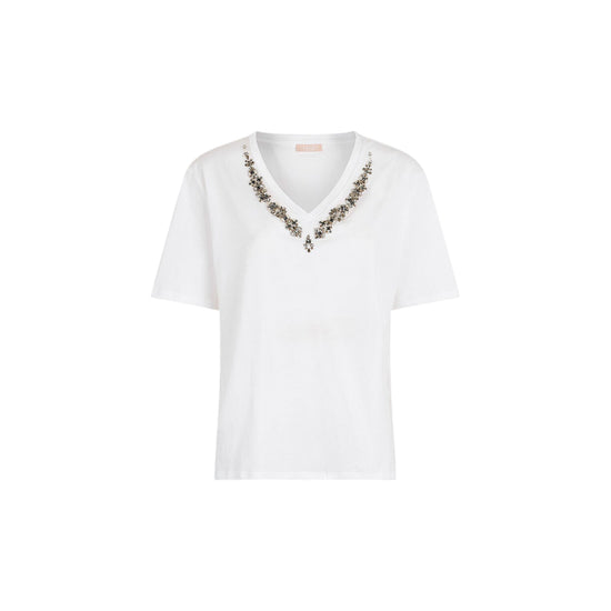 T-shirt bianca da donna con strass sullo scollo