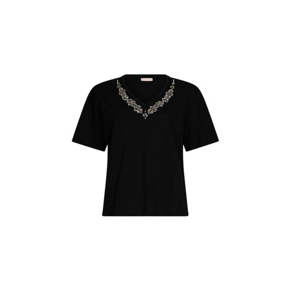 T-shirt nera da donna con strass sullo scollo