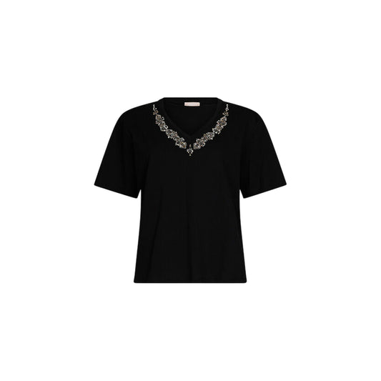 T-shirt nera da donna con strass sullo scollo