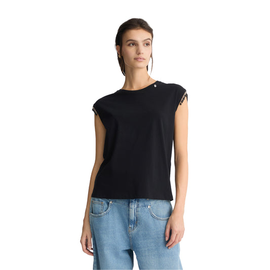 T-shirt Donna in jersey con perline Nero modella frontale