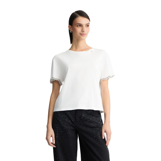 T-shirt Donna maniche con strass Bianco modella frontale