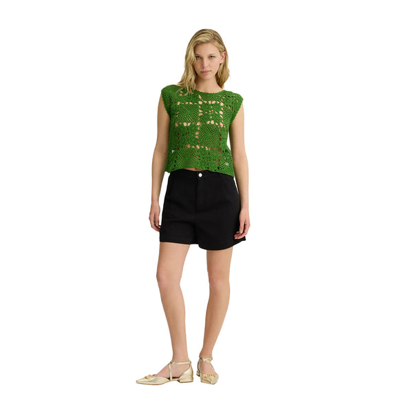 Top Donna in maglia crochet Verde modella intera frontale