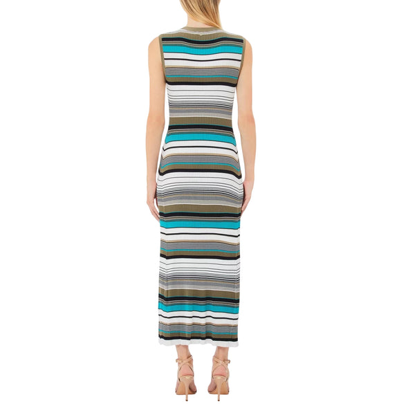 Abito in maglia lungo da donna a righe multicolor modella retro