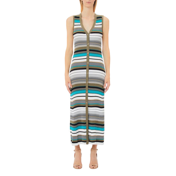 Abito in maglia lungo da donna a righe multicolor modella frontale