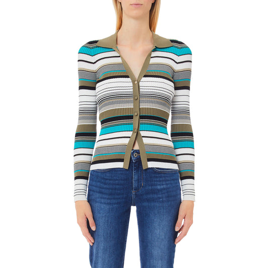 Cardigan Donna in maglia a righe multicolor modella frontale