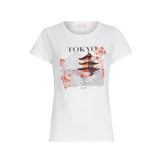 T-shirt in cotone bianco con stampa e strass