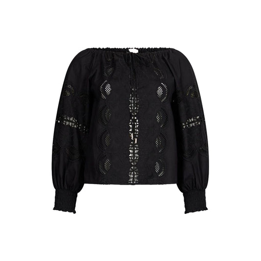 Blusa donna in cotone nero con ricami