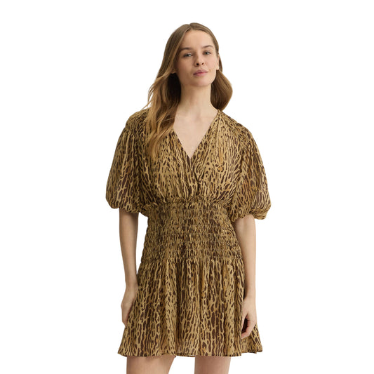 Abito corto animalier da Donna con elastico in vita modella frontale