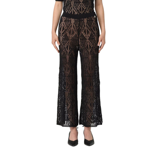 Pantaloni Donna in maglia crochet Nero modella frontale