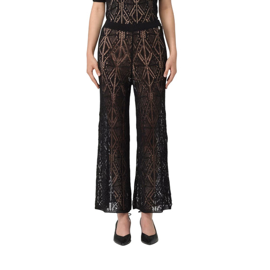 Pantaloni Donna in maglia crochet Nero modella frontale 